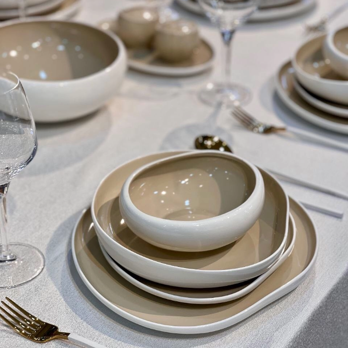 Barles Geschirrset Weiß/Taupe - 24-teilig - Porzellan