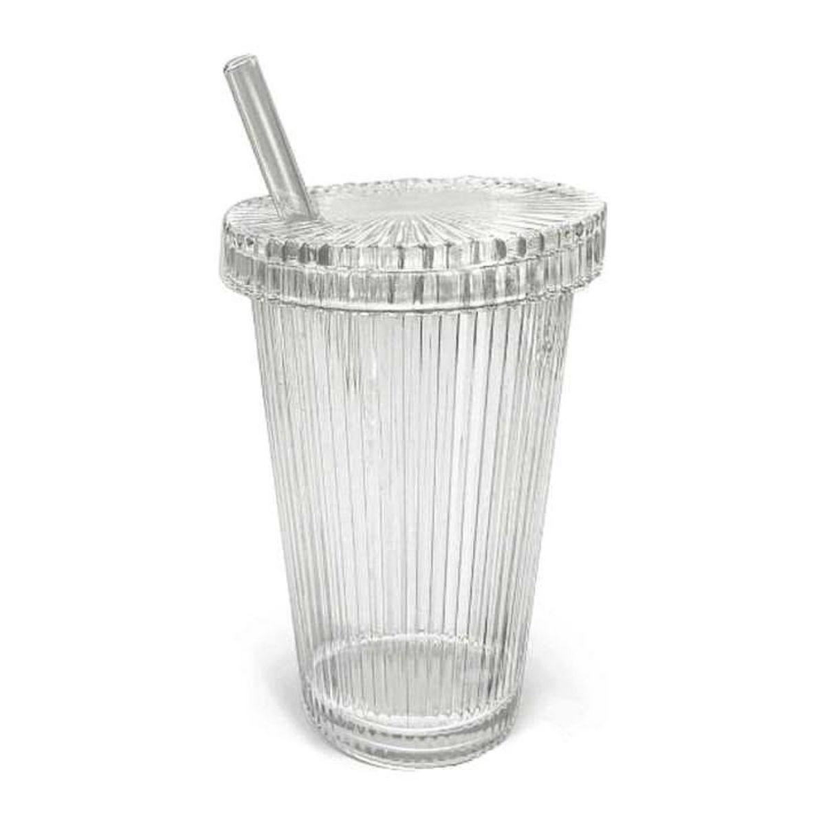 Geriffelter Glasbecher mit Deckel + Strohhalm