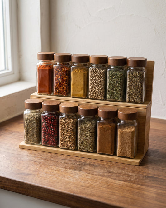 Akazien-Gewürzdosen mit Bambusdeckel – 12 Stück | 120 ml (inkl. Gewürzregal)